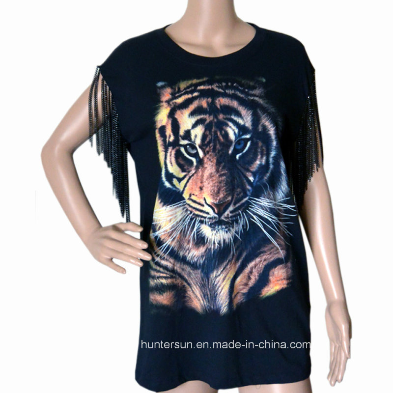 Women Fashion Cotton Tiger Printed with Chain Embroidered T-Shirt (HT70089)