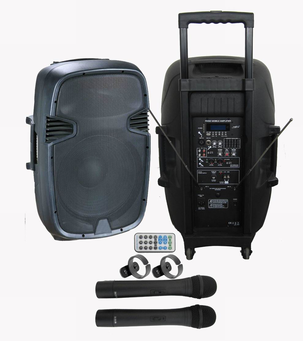 Rechargeable Battery DJ Speaker Box with USB/SD Bluetooth Wireless Microphones