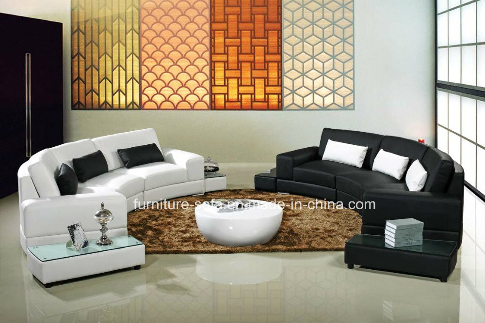 Wood Frame Small Living Room White and Black Leather Sofa with Tables